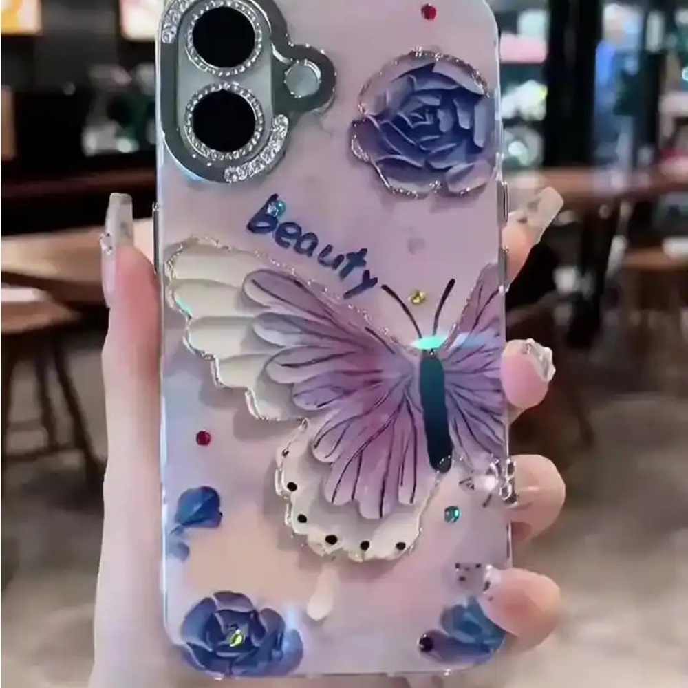 Clear Butterfly Floral Phone Case in Purple - Unbranded